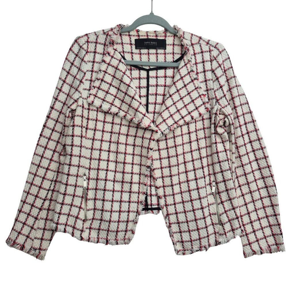 Zara Basic White Red Tweed Cropped Fringed Blazer Preppy Zip Pockets Size M